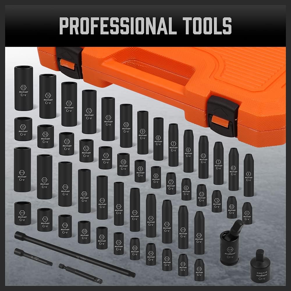 HORUSDY 56-piece 1/4 inch drive impact socket set with SAE and metric sizes, CR-V steel sockets, ratchet handle, extension bars, and portable orange case.