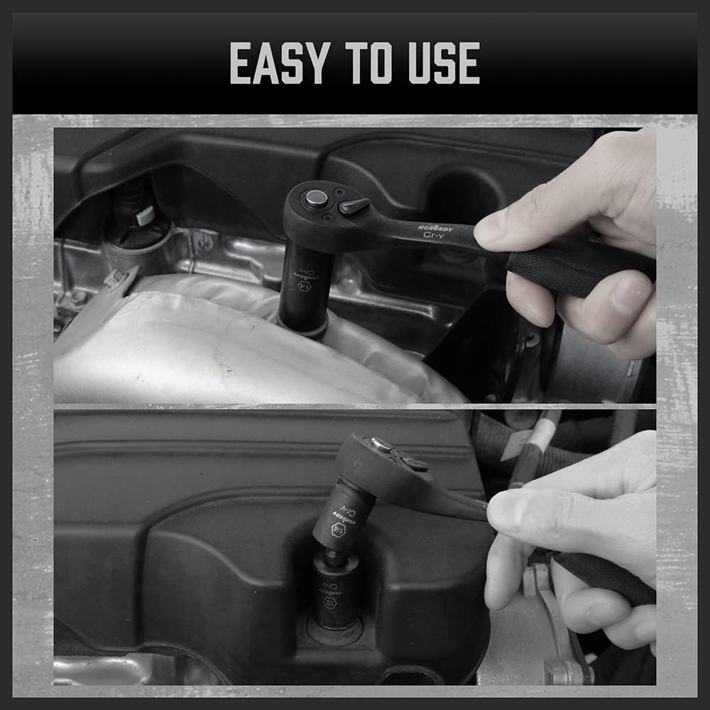 HORUSDY 56-piece 1/4 inch drive impact socket set with SAE and metric sizes, CR-V steel sockets, ratchet handle, extension bars, and portable orange case.