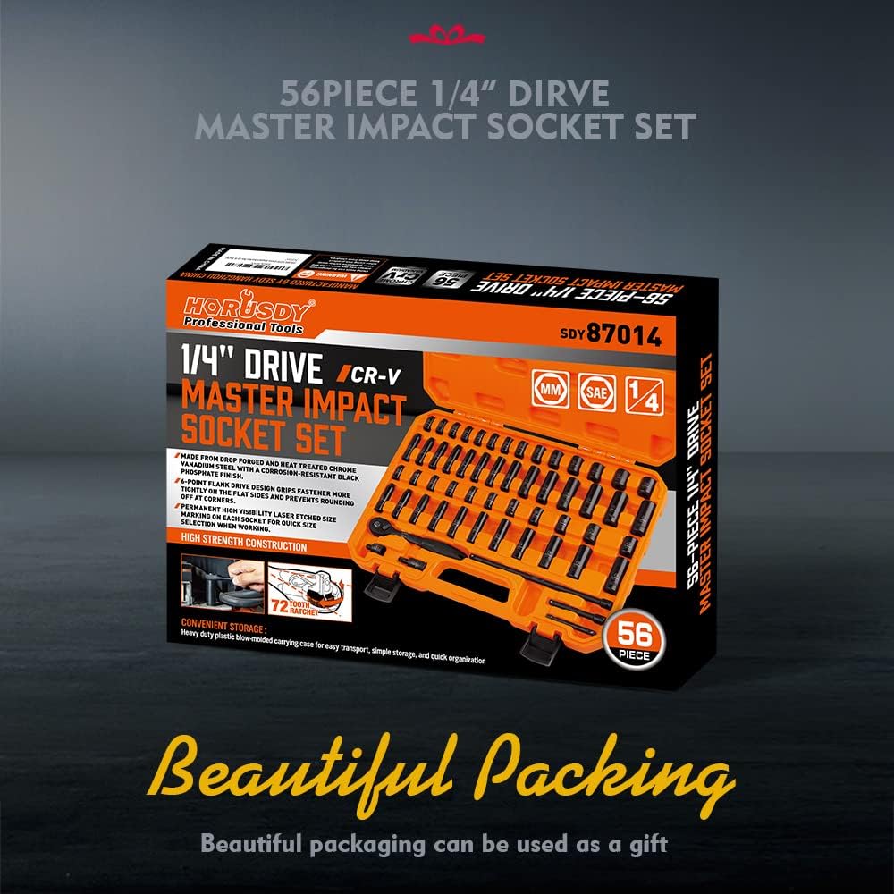 HORUSDY 56-piece 1/4 inch drive impact socket set with SAE and metric sizes, CR-V steel sockets, ratchet handle, extension bars, and portable orange case.