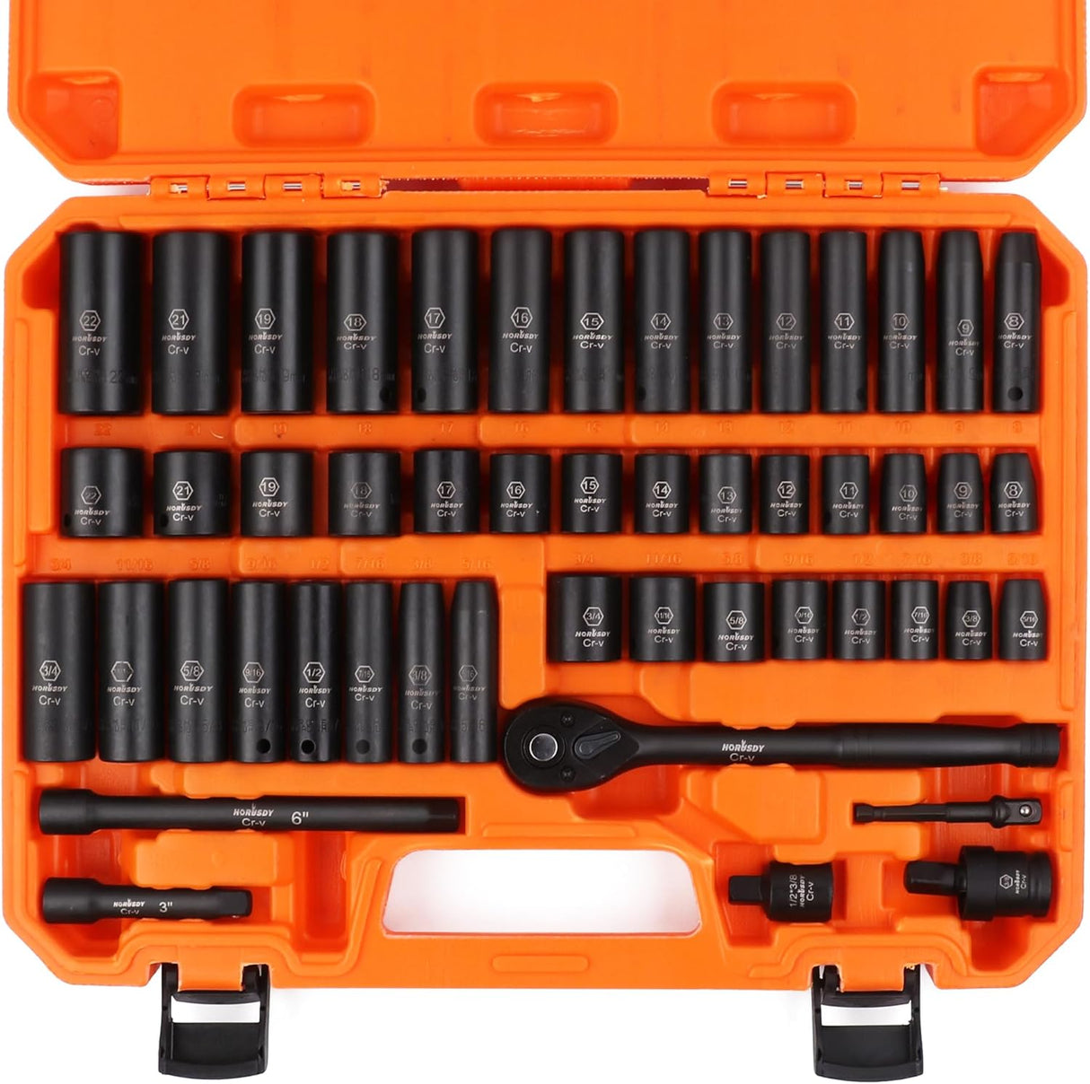 HORUSDY 50-piece 3/8 inch drive master impact socket set with SAE and metric sockets, ratchet handle, and accessories in orange storage case