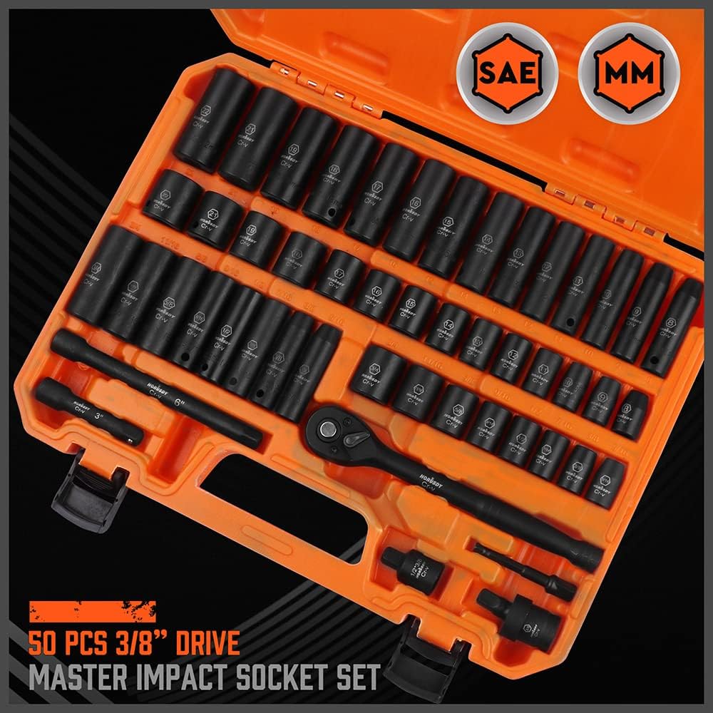 HORUSDY 50-piece 3/8 inch drive master impact socket set with SAE and metric sockets, ratchet handle, and accessories in orange storage case