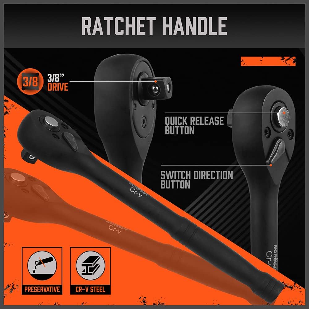 HORUSDY 50-piece 3/8 inch drive master impact socket set with SAE and metric sockets, ratchet handle, and accessories in orange storage case