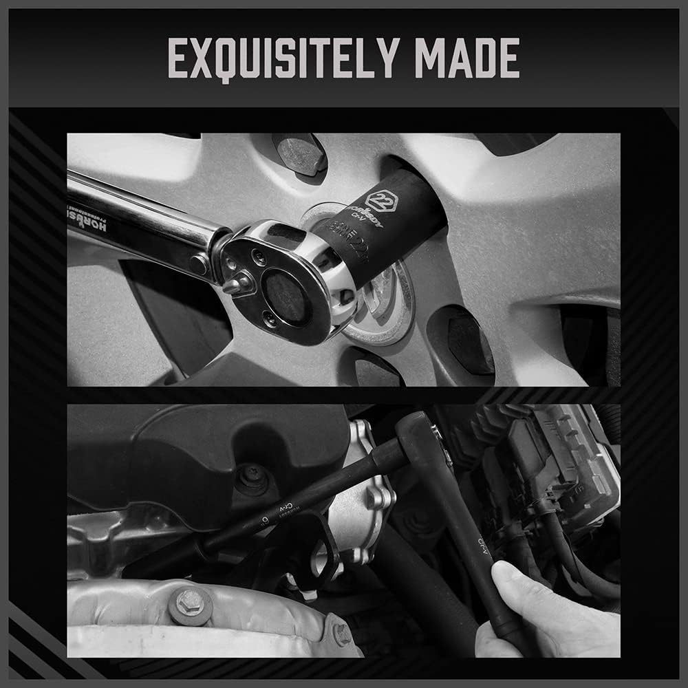 HORUSDY 50-piece 3/8 inch drive master impact socket set with SAE and metric sockets, ratchet handle, and accessories in orange storage case