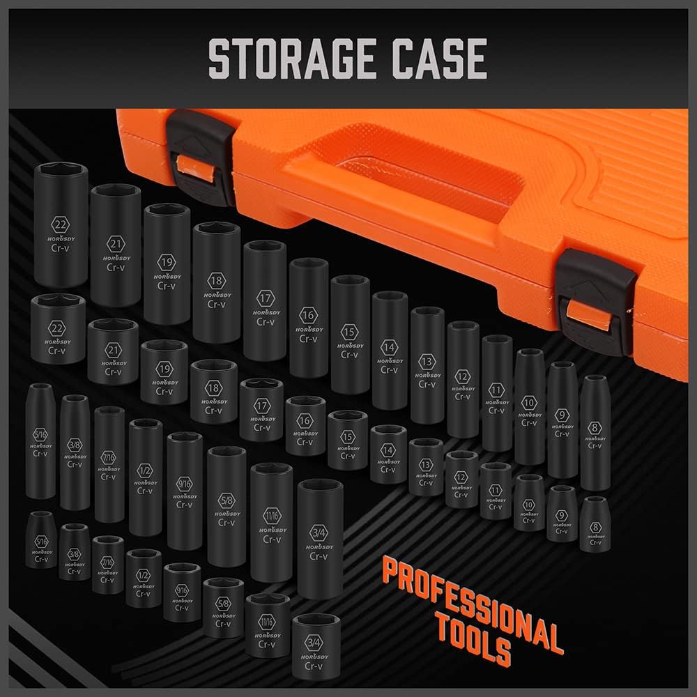 HORUSDY 50-piece 3/8 inch drive master impact socket set with SAE and metric sockets, ratchet handle, and accessories in orange storage case