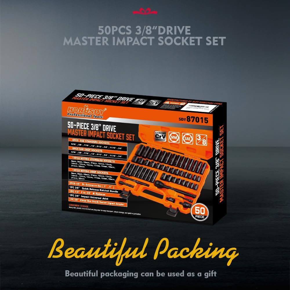 HORUSDY 50-piece 3/8 inch drive master impact socket set with SAE and metric sockets, ratchet handle, and accessories in orange storage case