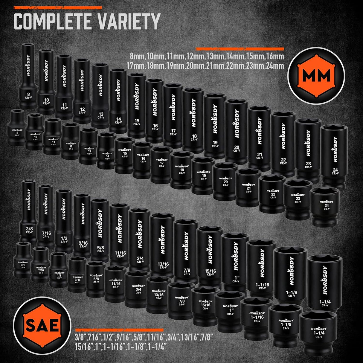 HORUSDY 67-piece 1/2 inch drive impact socket set with SAE and metric sockets, deep and shallow, ratchet, accessories, and heavy-duty orange case