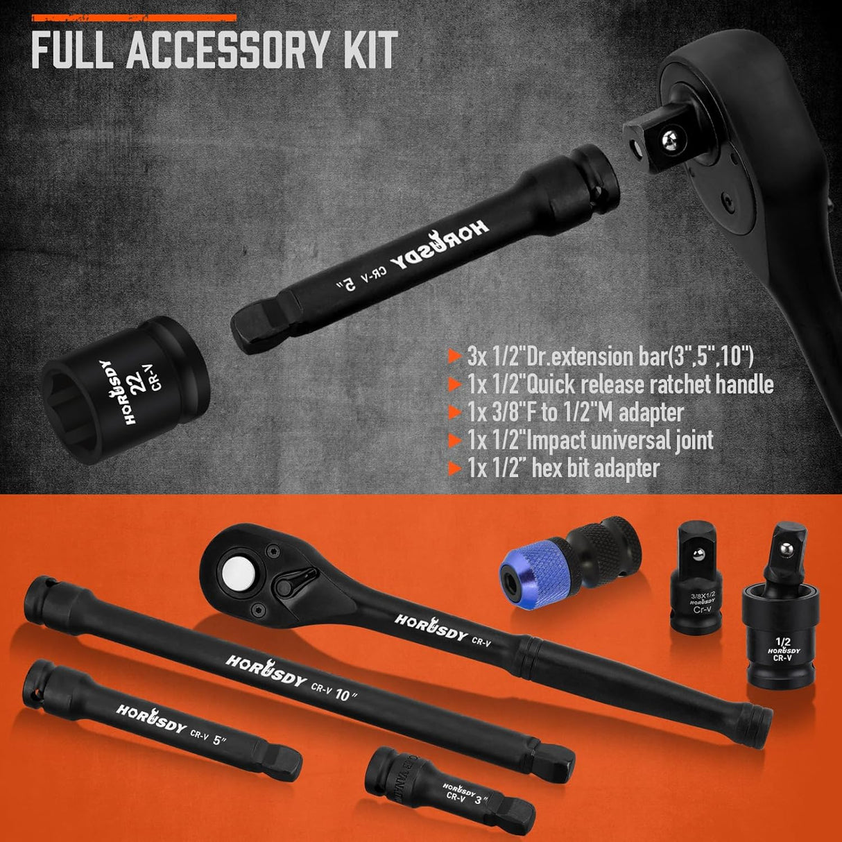 HORUSDY 67-piece 1/2 inch drive impact socket set with SAE and metric sockets, deep and shallow, ratchet, accessories, and heavy-duty orange case