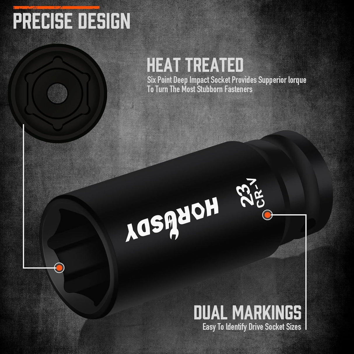HORUSDY 67-piece 1/2 inch drive impact socket set with SAE and metric sockets, deep and shallow, ratchet, accessories, and heavy-duty orange case