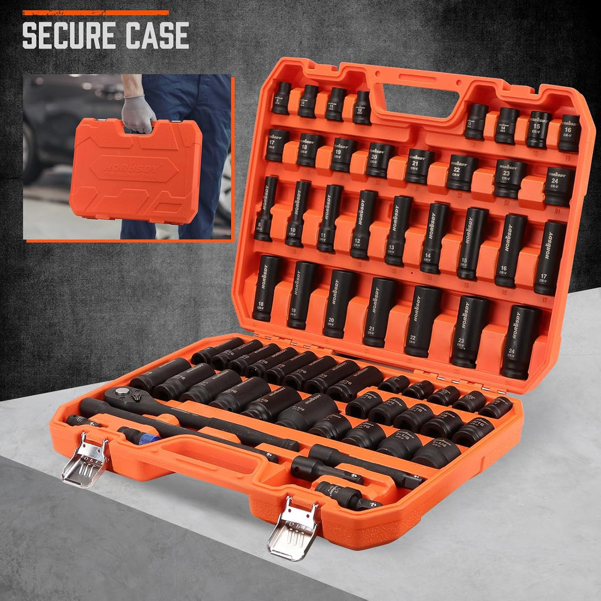 HORUSDY 67-piece 1/2 inch drive impact socket set with SAE and metric sockets, deep and shallow, ratchet, accessories, and heavy-duty orange case