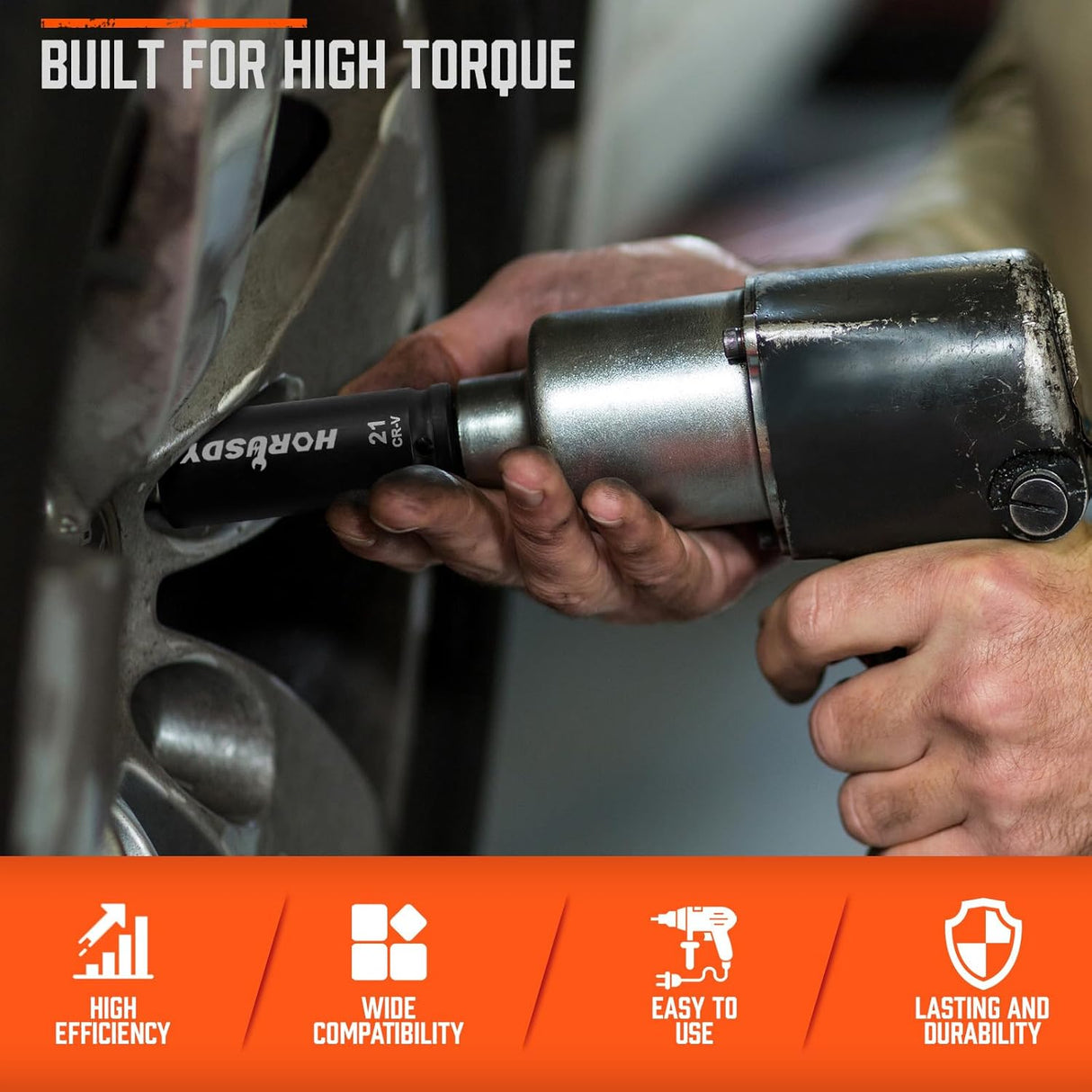 HORUSDY 67-piece 1/2 inch drive impact socket set with SAE and metric sockets, deep and shallow, ratchet, accessories, and heavy-duty orange case