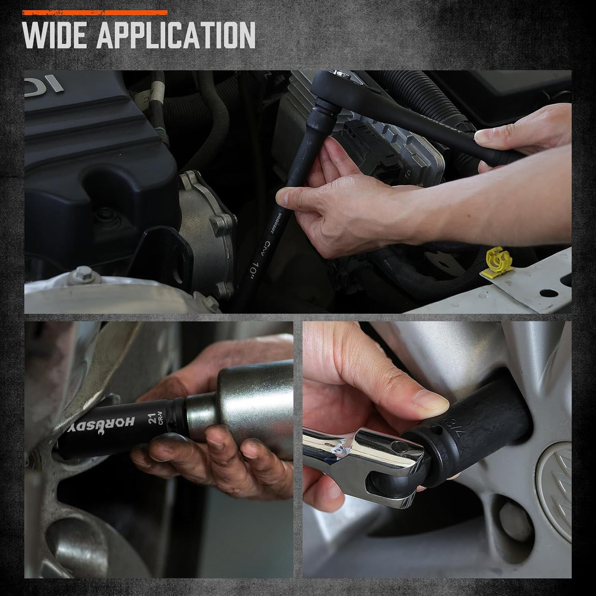 HORUSDY 67-piece 1/2 inch drive impact socket set with SAE and metric sockets, deep and shallow, ratchet, accessories, and heavy-duty orange case