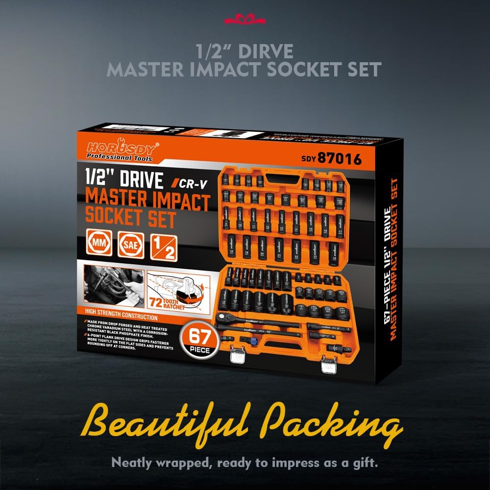 HORUSDY 67-piece 1/2 inch drive impact socket set with SAE and metric sockets, deep and shallow, ratchet, accessories, and heavy-duty orange case