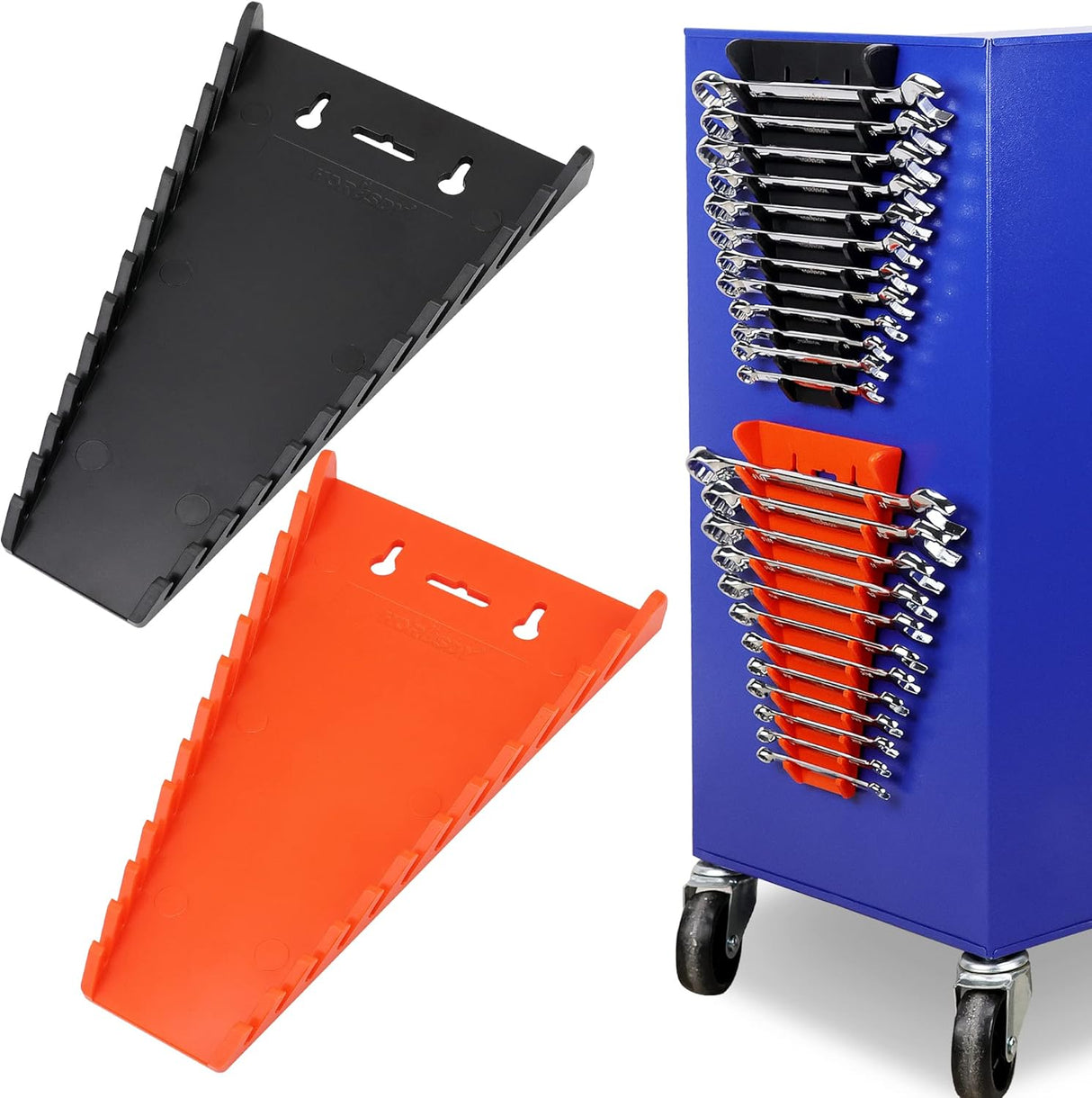 HORUSDY 2-piece magnetic wrench holder with strong magnets, fits SAE and metric wrenches, wall mount or tool chest storage organizer