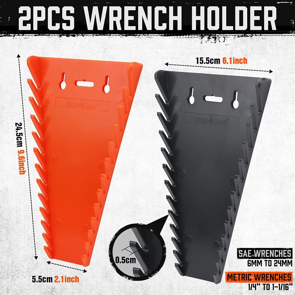 HORUSDY 2-piece magnetic wrench holder with strong magnets, fits SAE and metric wrenches, wall mount or tool chest storage organizer