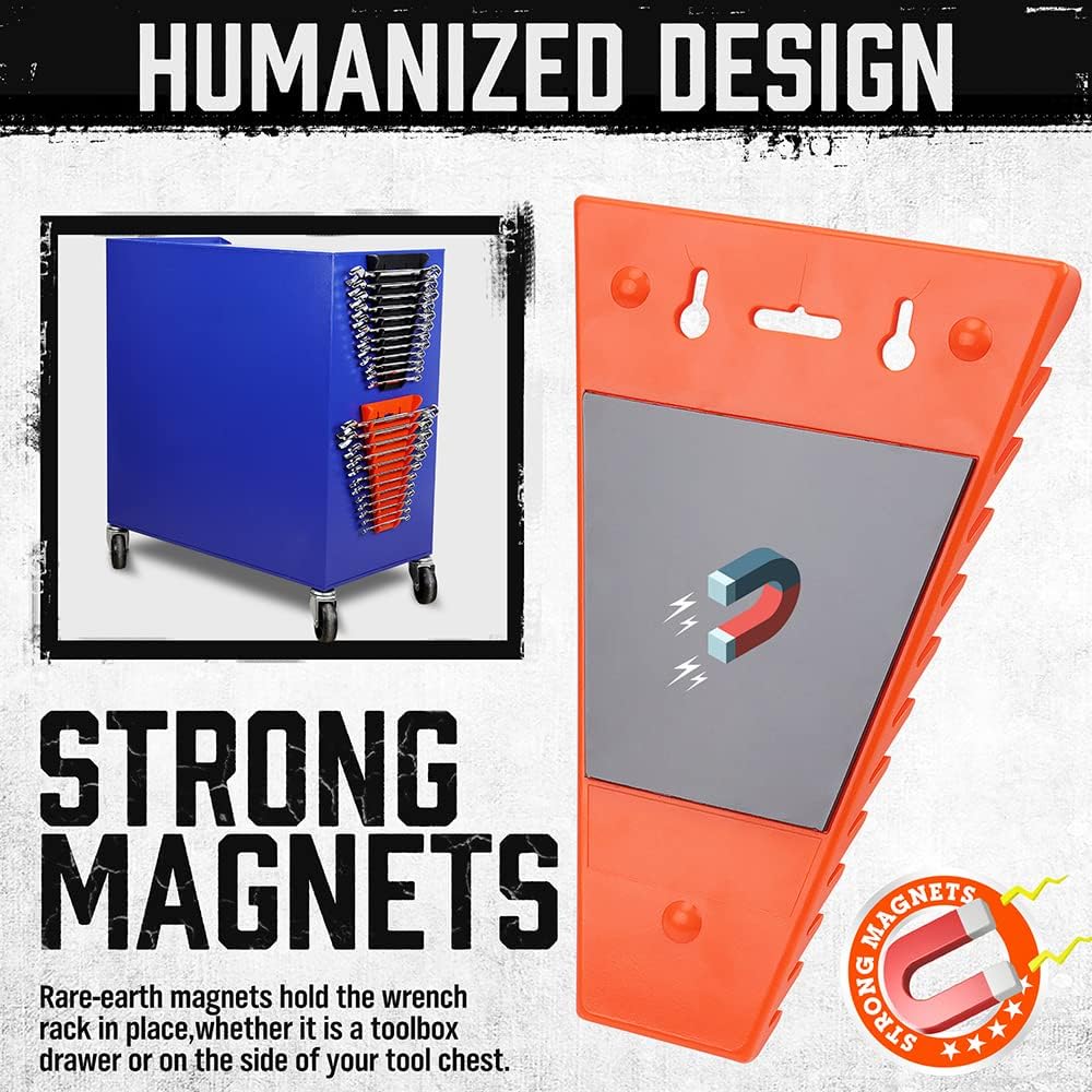 HORUSDY 2-piece magnetic wrench holder with strong magnets, fits SAE and metric wrenches, wall mount or tool chest storage organizer