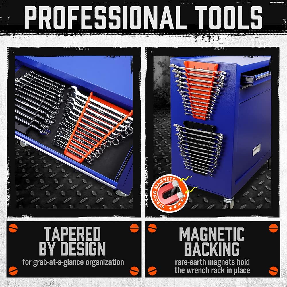 HORUSDY 2-piece magnetic wrench holder with strong magnets, fits SAE and metric wrenches, wall mount or tool chest storage organizer