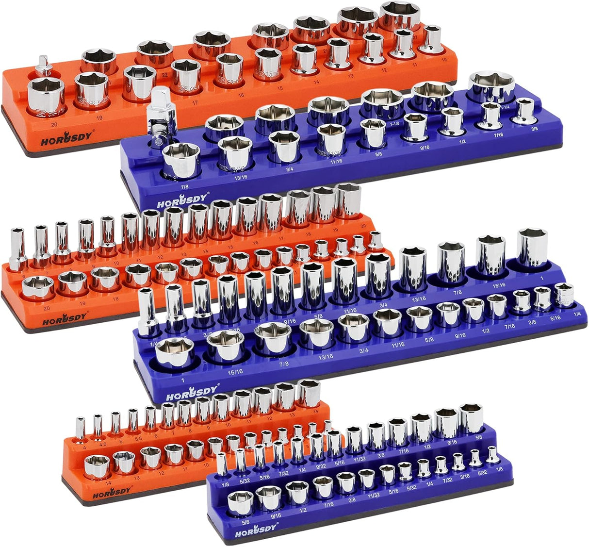 Magnetic socket tray organizer set with orange and blue labeled holders for SAE and metric sockets, 6-piece magnetic storage solution