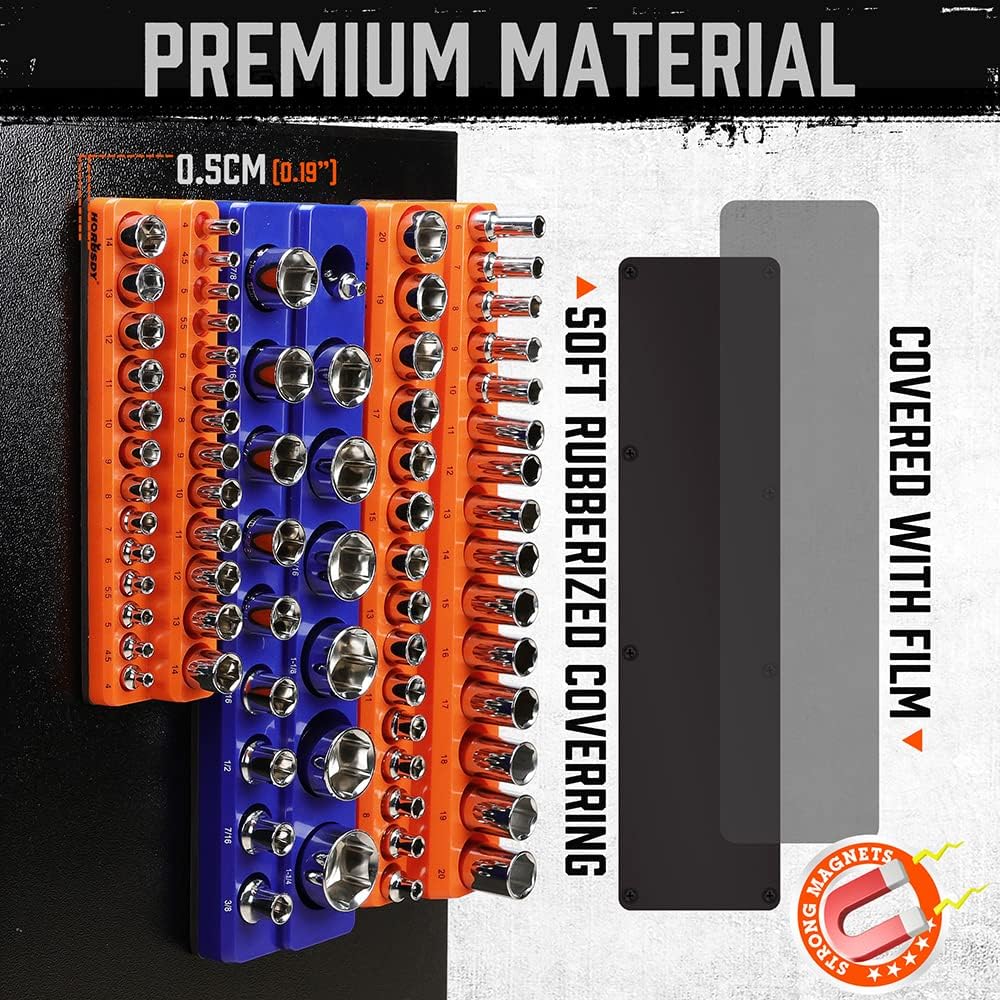 Magnetic socket tray organizer set with orange and blue labeled holders for SAE and metric sockets, 6-piece magnetic storage solution
