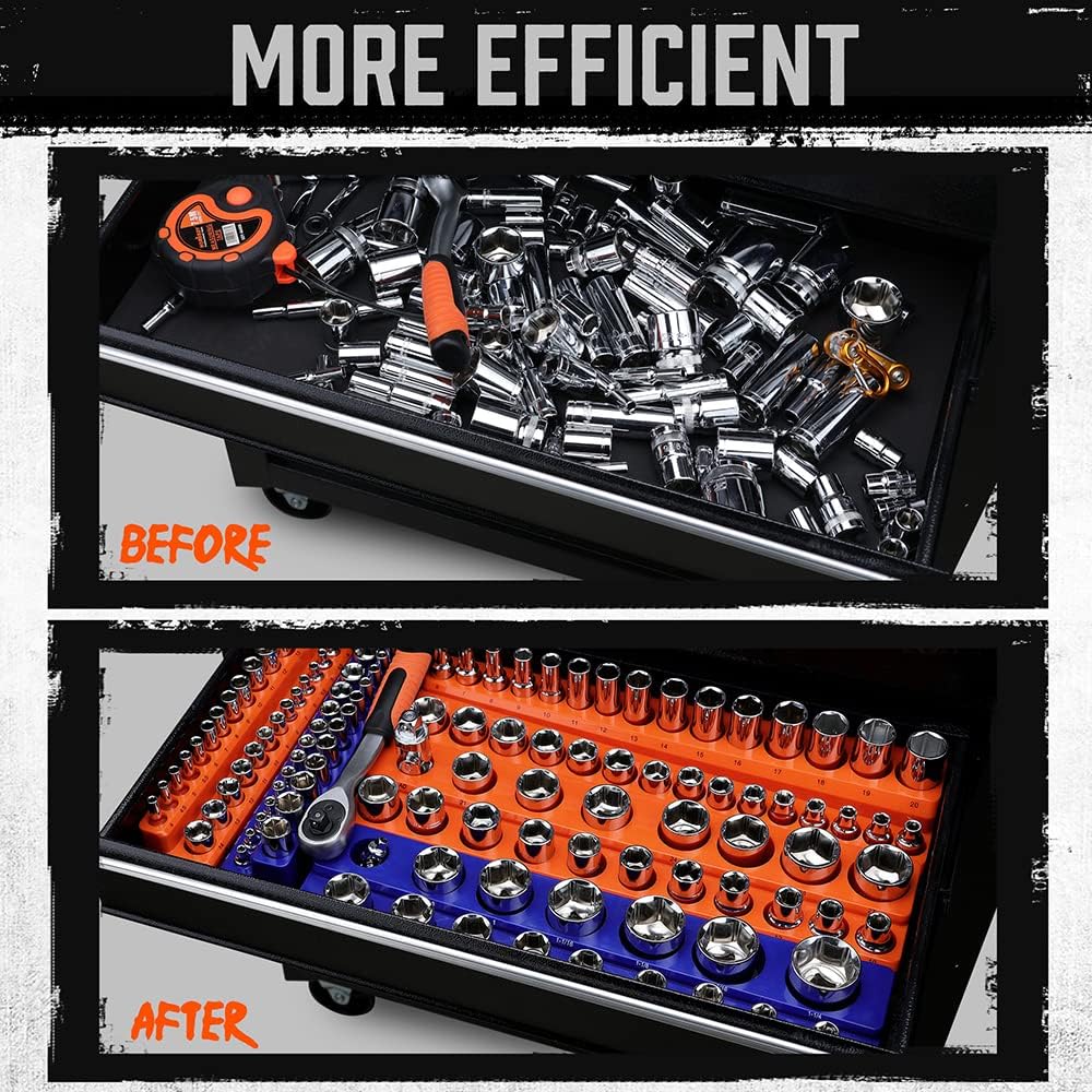 Magnetic socket tray organizer set with orange and blue labeled holders for SAE and metric sockets, 6-piece magnetic storage solution