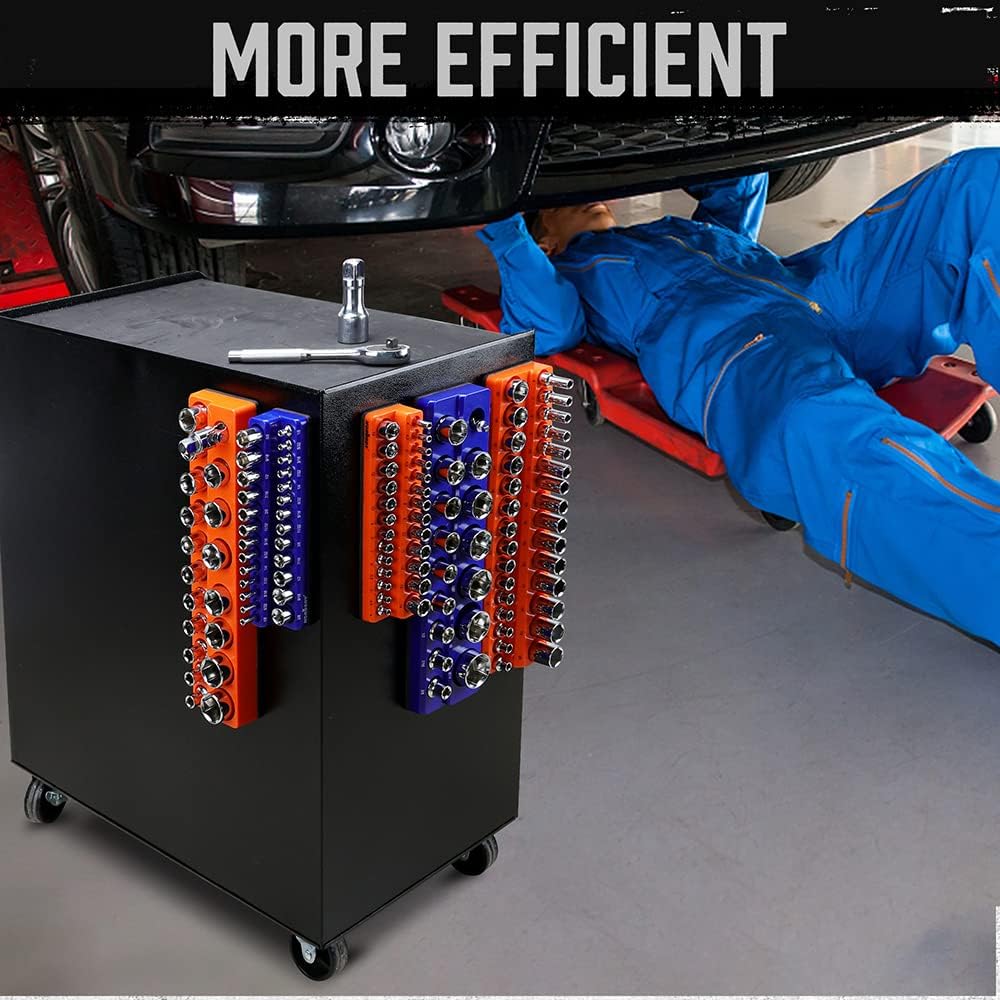 Magnetic socket tray organizer set with orange and blue labeled holders for SAE and metric sockets, 6-piece magnetic storage solution