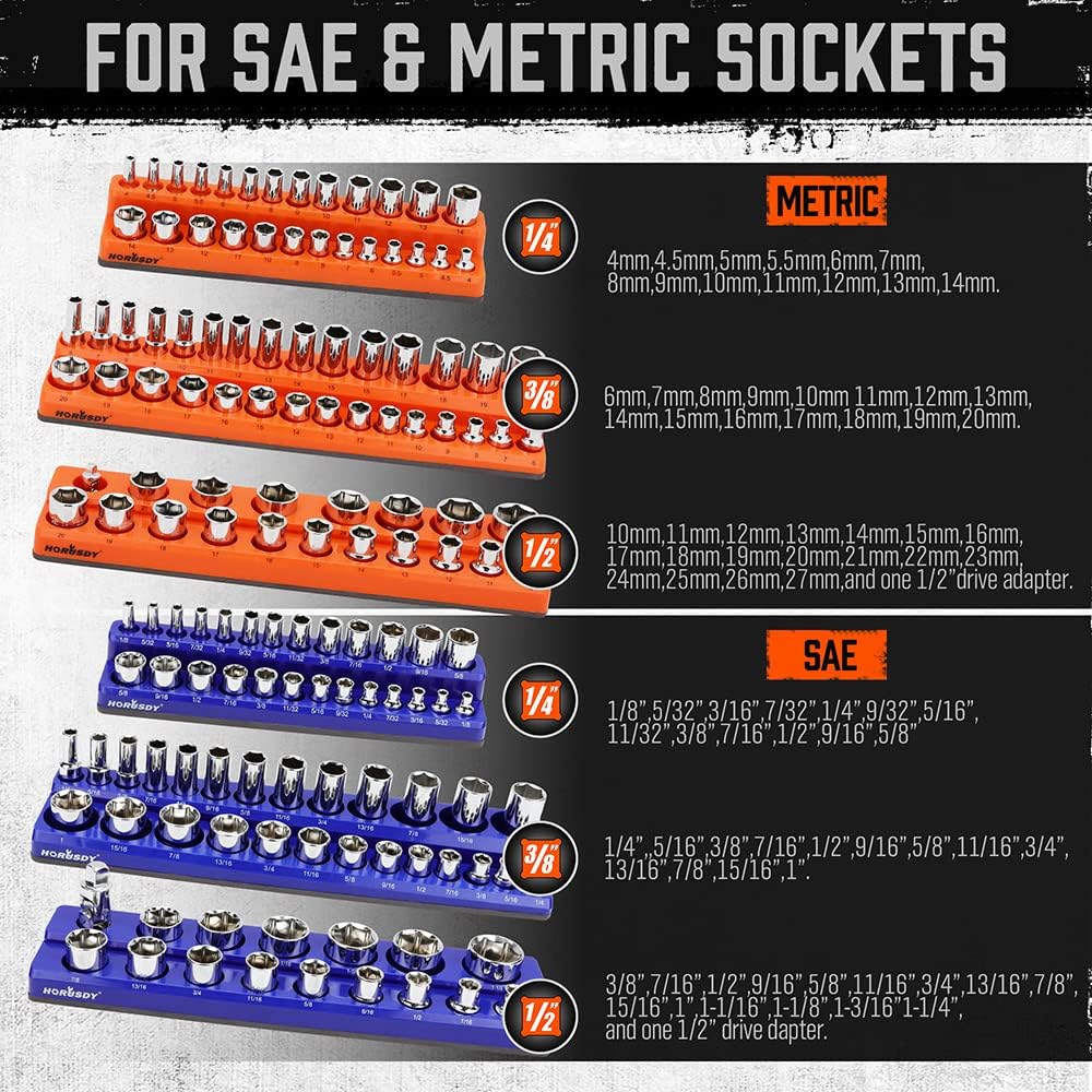 Magnetic socket tray organizer set with orange and blue labeled holders for SAE and metric sockets, 6-piece magnetic storage solution