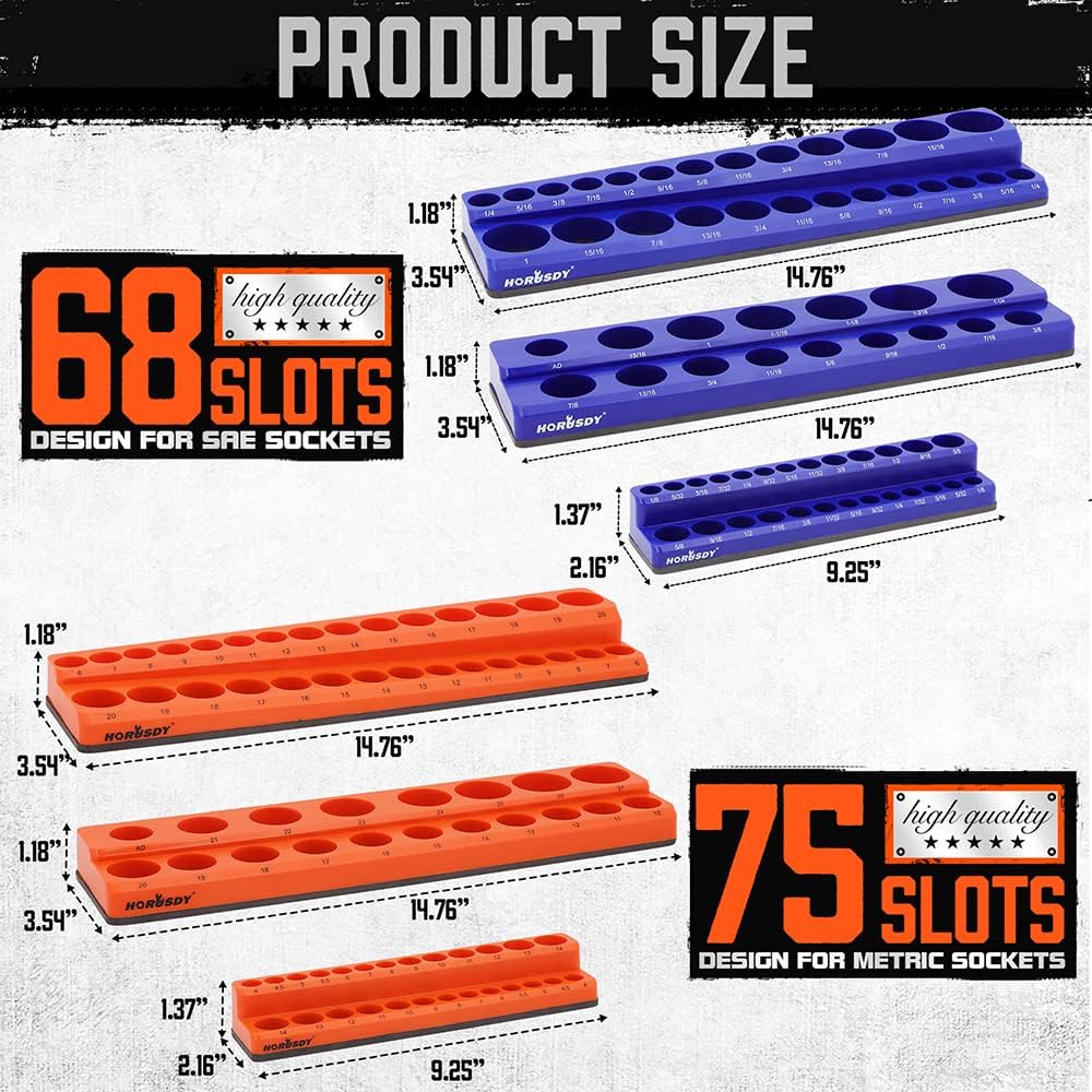 Magnetic socket tray organizer set with orange and blue labeled holders for SAE and metric sockets, 6-piece magnetic storage solution