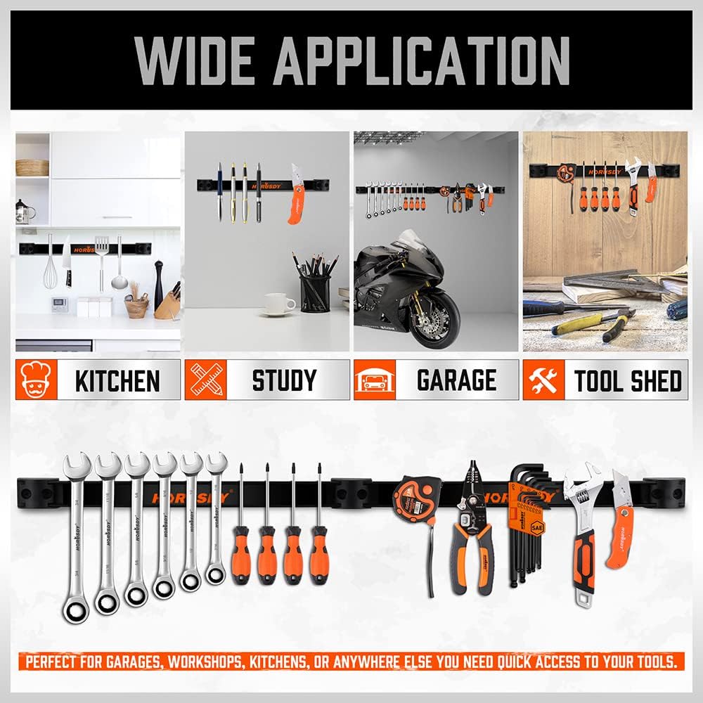 4-pack 12 inch magnetic tool holder strips with heavy-duty wall mount design for storing hand tools in garage, kitchen, or workshop