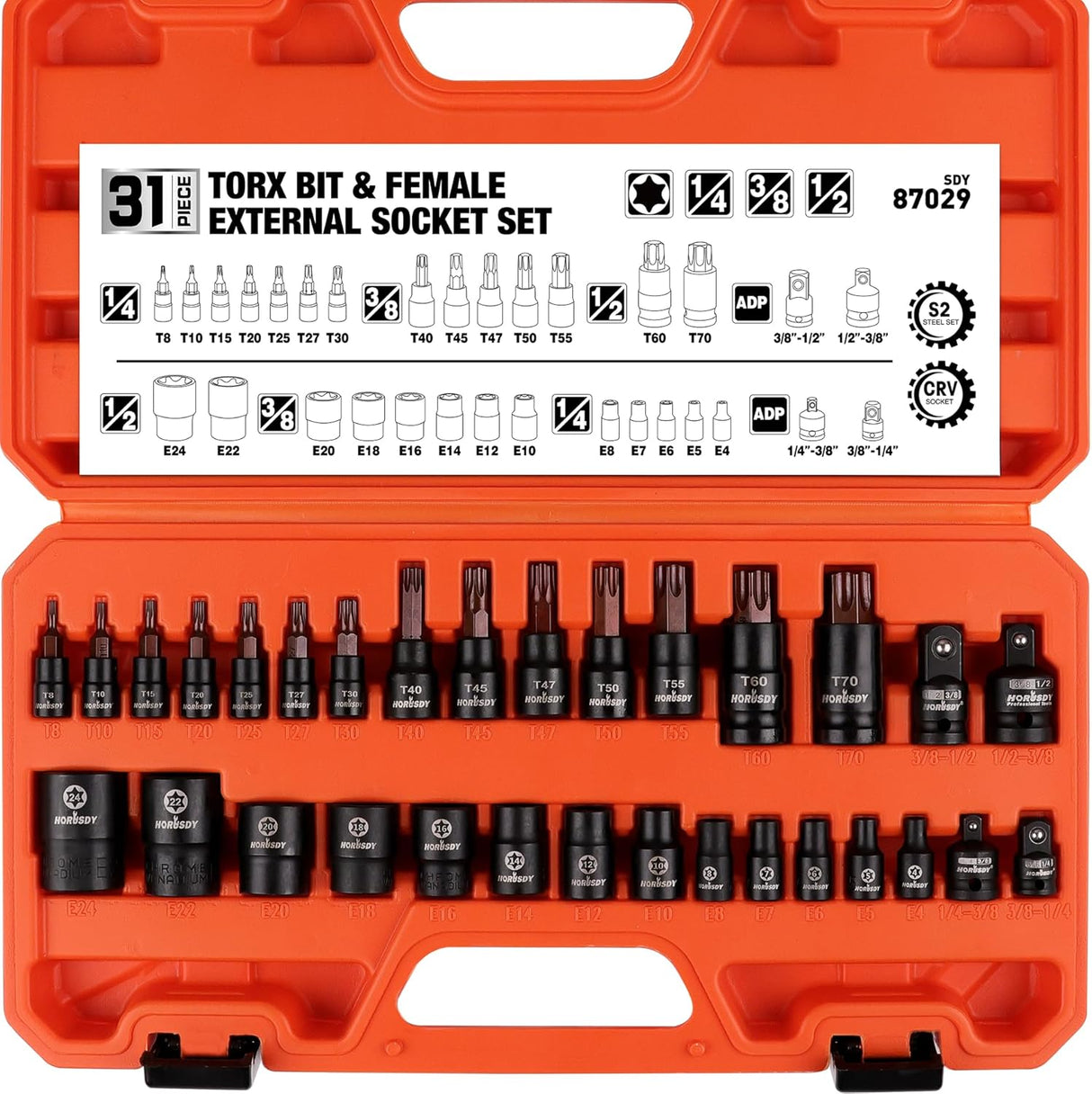 31-piece Torx and external star socket bit set with ratchet-ready sockets and orange storage case