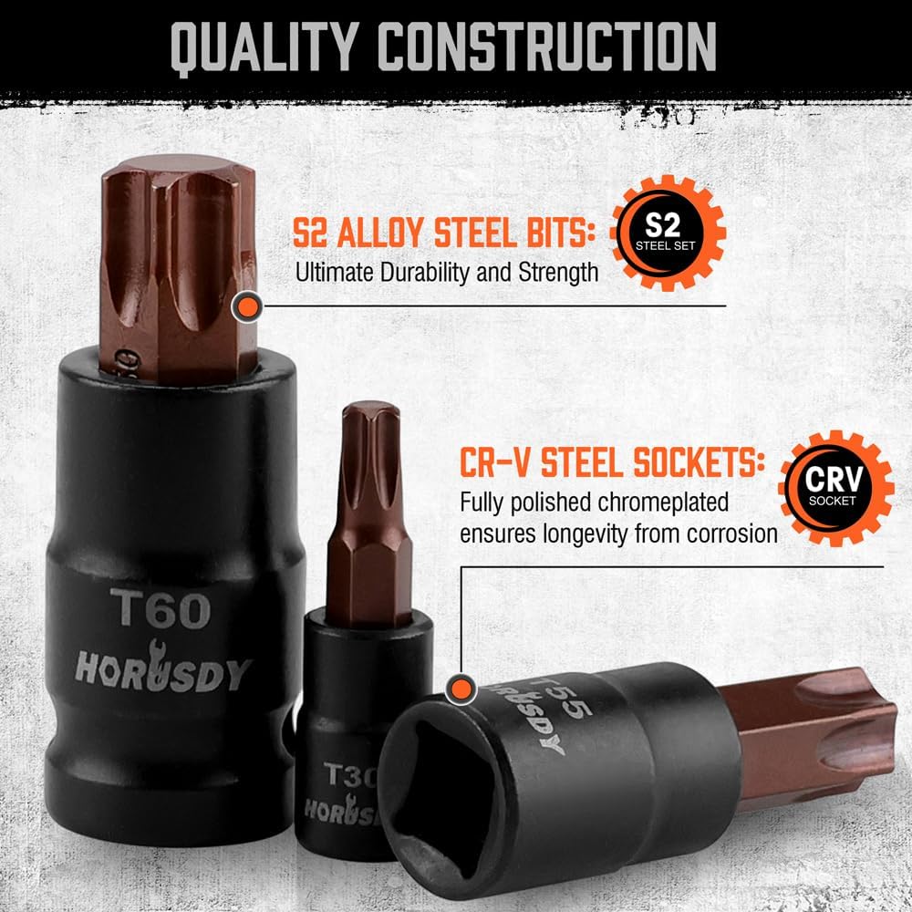 31-piece Torx and external star socket bit set with ratchet-ready sockets and orange storage case