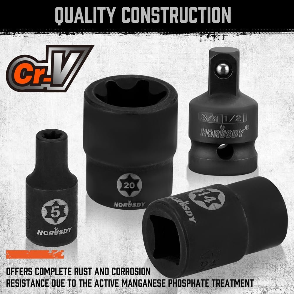 31-piece Torx and external star socket bit set with ratchet-ready sockets and orange storage case