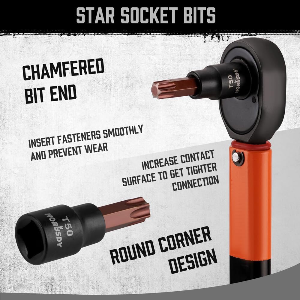 31-piece Torx and external star socket bit set with ratchet-ready sockets and orange storage case