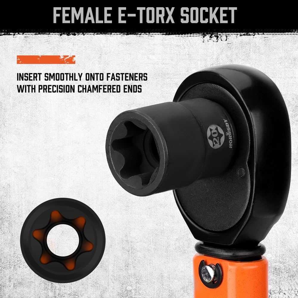 31-piece Torx and external star socket bit set with ratchet-ready sockets and orange storage case