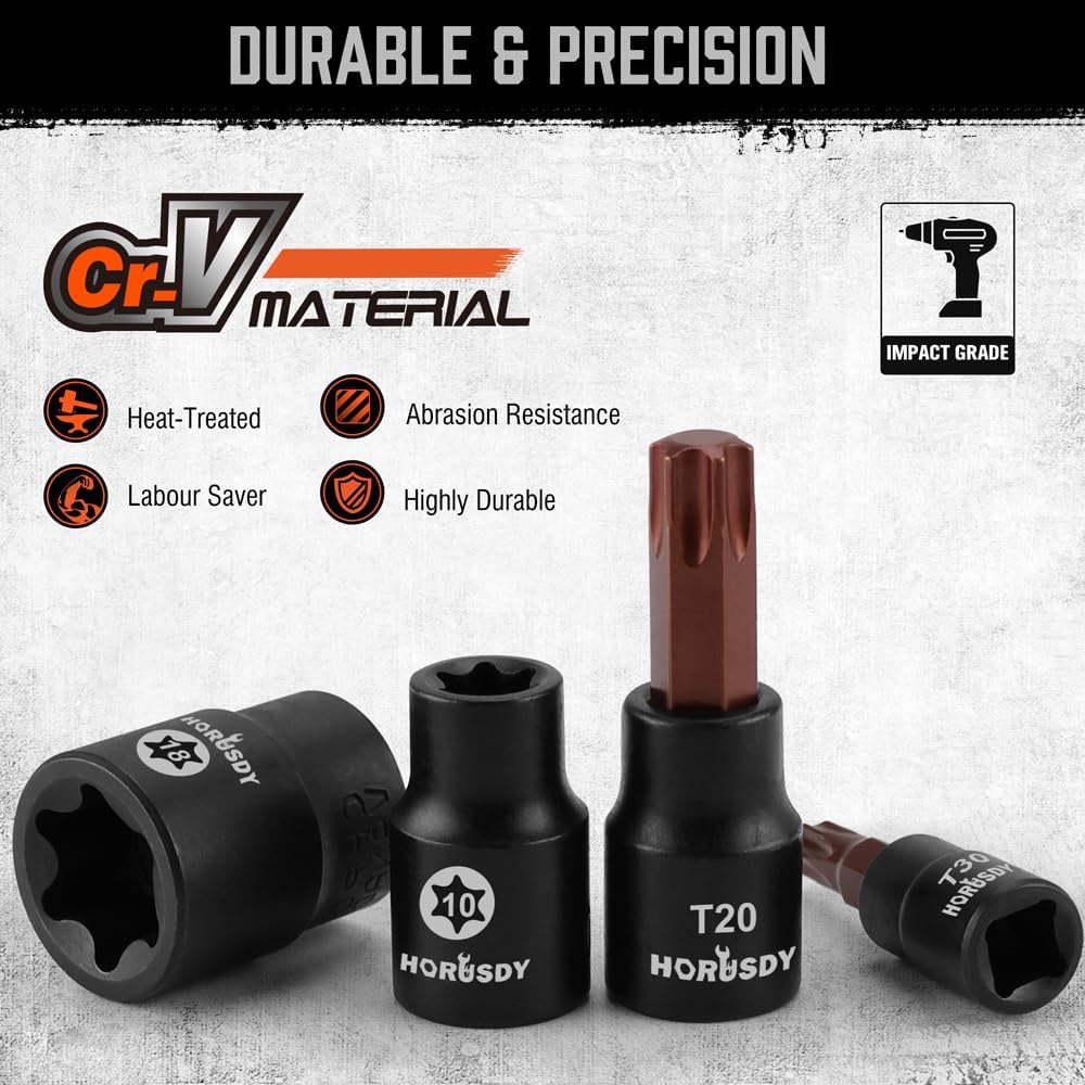 31-piece Torx and external star socket bit set with ratchet-ready sockets and orange storage case