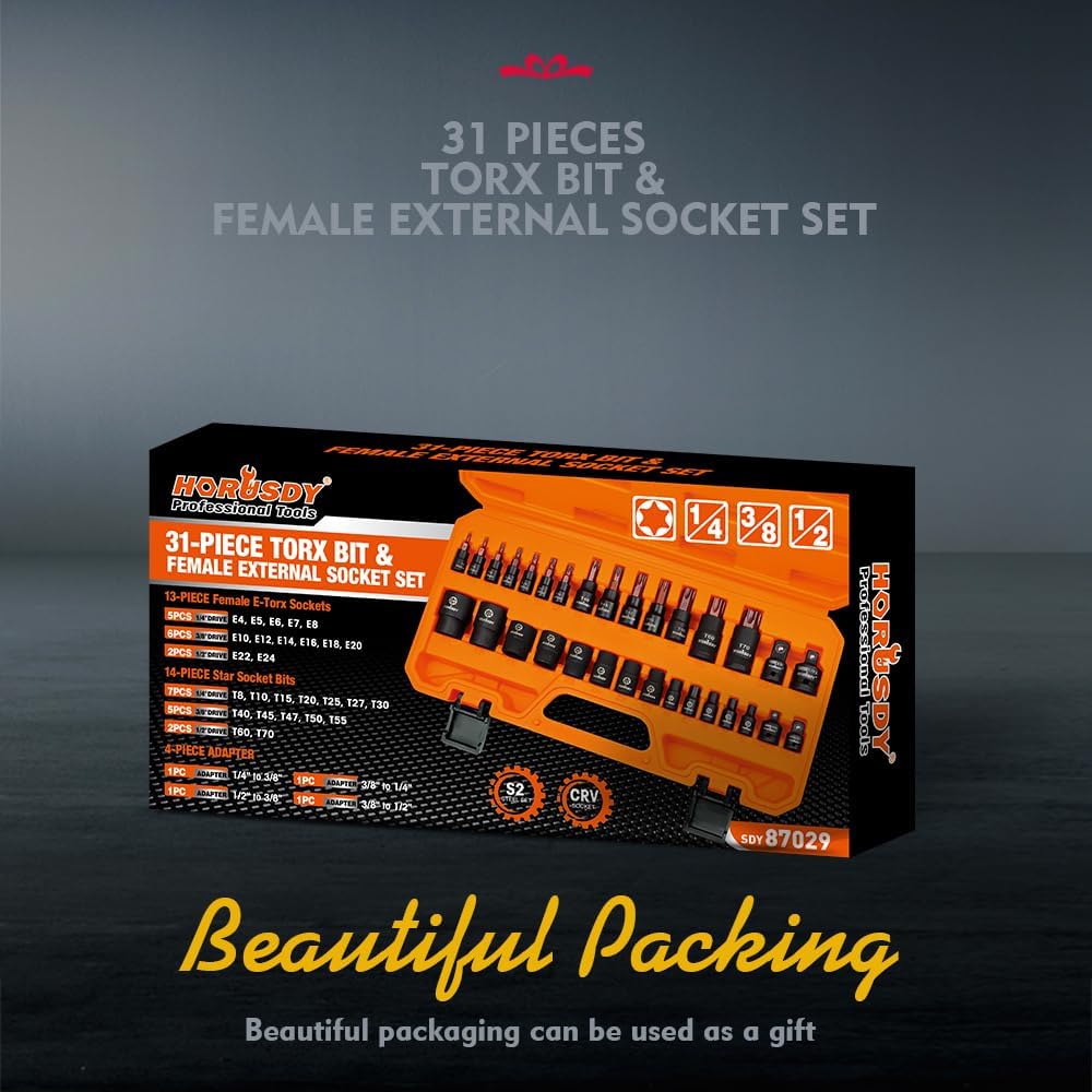 31-piece Torx and external star socket bit set with ratchet-ready sockets and orange storage case