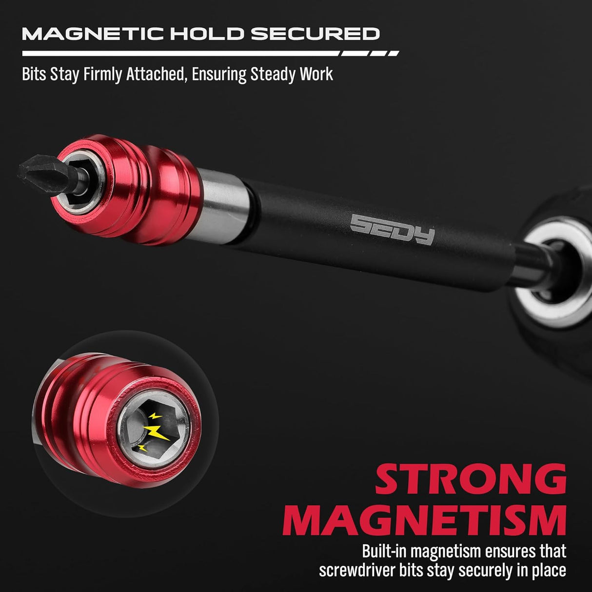 SEDY magnetic drill bit holder set with quick-release design, strong magnetism, and durable CR-V steel in multiple extension lengths