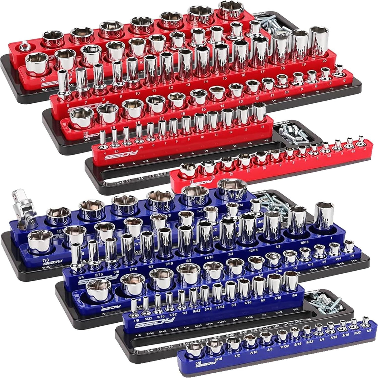 Magnetic socket organizer tray set with 143 slots for SAE and Metric sockets in 1/4", 3/8", and 1/2" drives, includes red and blue heavy-duty trays