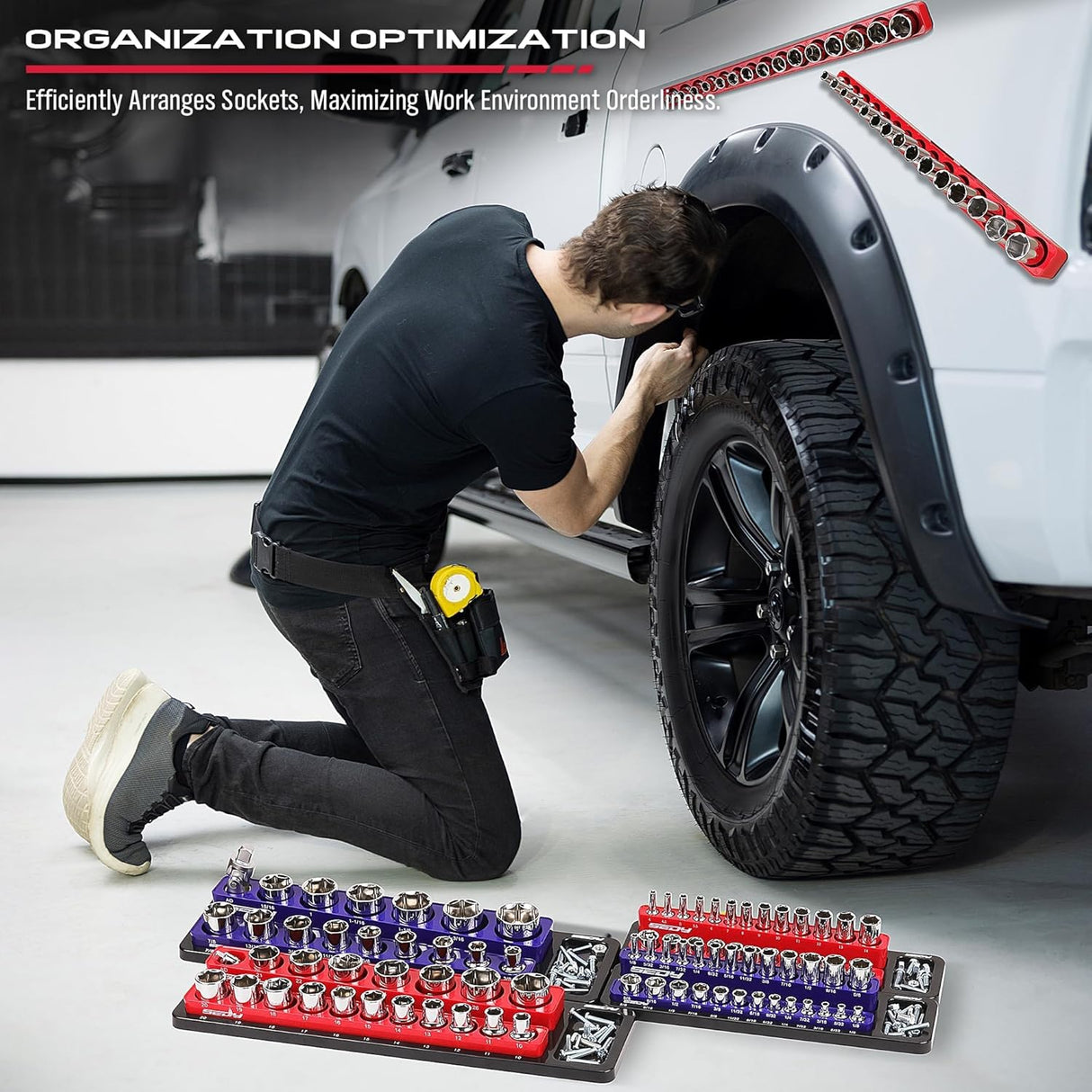 Magnetic socket organizer tray set with 143 slots for SAE and Metric sockets in 1/4", 3/8", and 1/2" drives, includes red and blue heavy-duty trays
