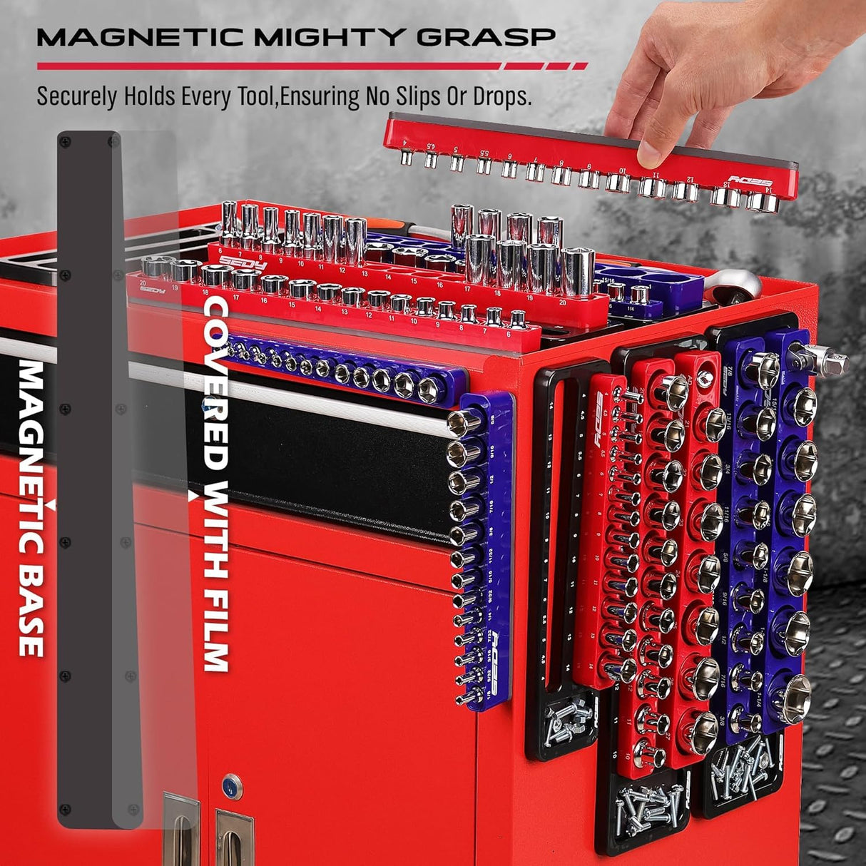Magnetic socket organizer tray set with 143 slots for SAE and Metric sockets in 1/4", 3/8", and 1/2" drives, includes red and blue heavy-duty trays
