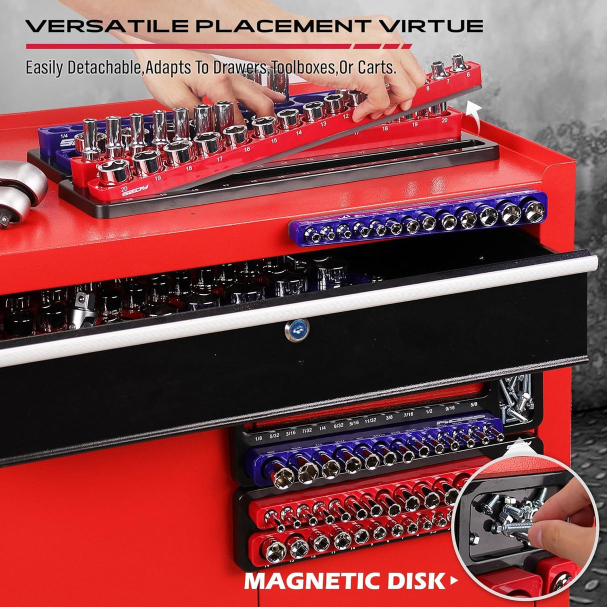 Magnetic socket organizer tray set with 143 slots for SAE and Metric sockets in 1/4", 3/8", and 1/2" drives, includes red and blue heavy-duty trays