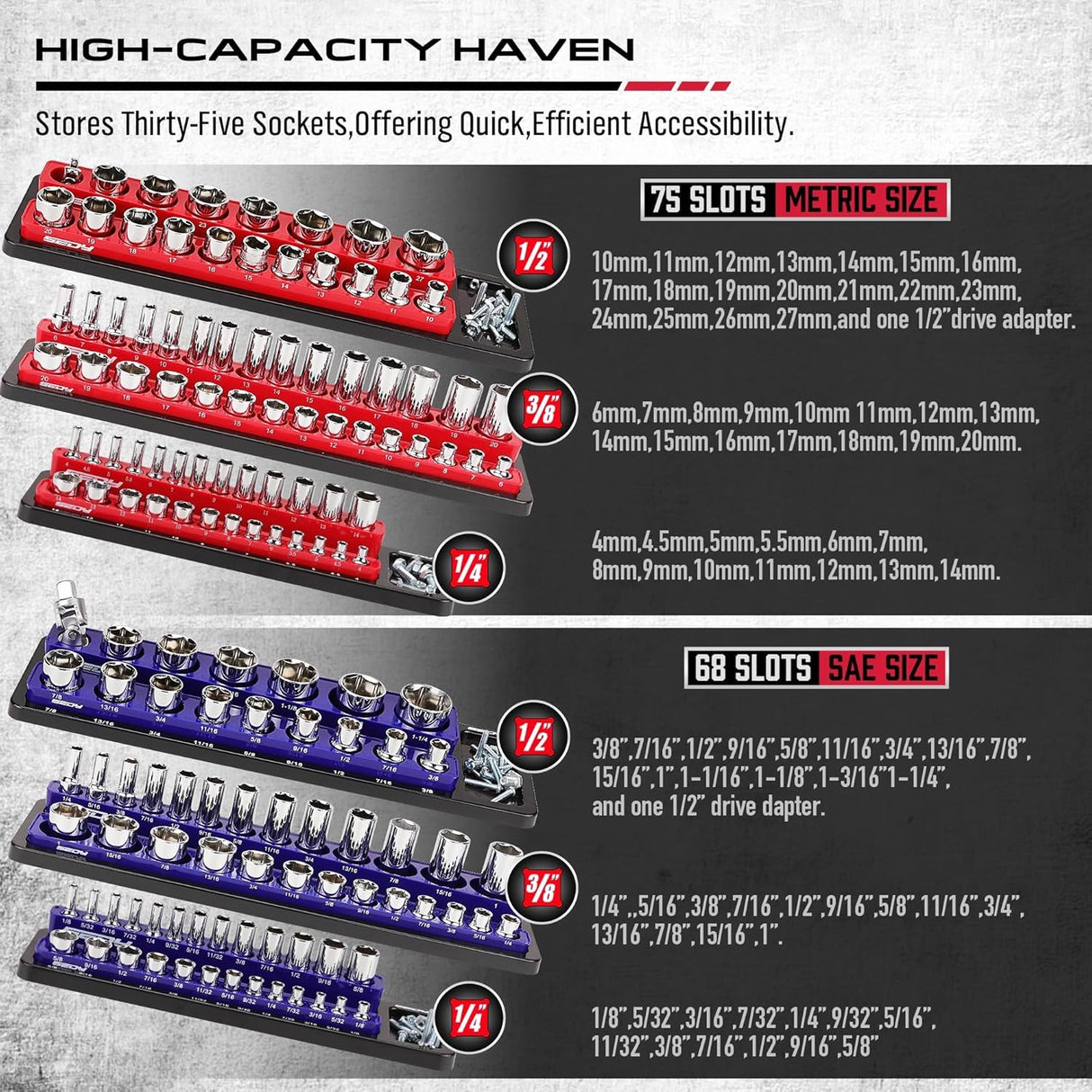 Magnetic socket organizer tray set with 143 slots for SAE and Metric sockets in 1/4", 3/8", and 1/2" drives, includes red and blue heavy-duty trays