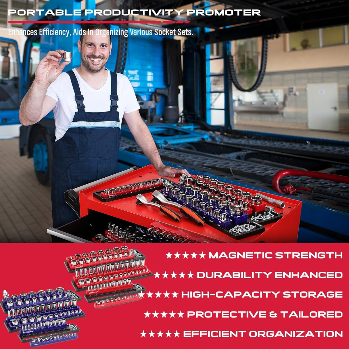 Magnetic socket organizer tray set with 143 slots for SAE and Metric sockets in 1/4", 3/8", and 1/2" drives, includes red and blue heavy-duty trays