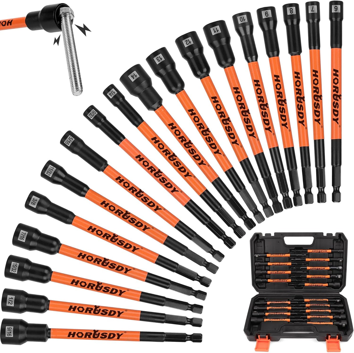 18-piece HORUSDY long magnetic nut driver set with SAE and metric sizes, 6-inch CR-V shafts, black and orange design, stored in durable case