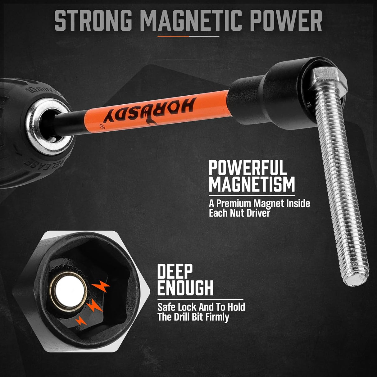 18-piece HORUSDY long magnetic nut driver set with SAE and metric sizes, 6-inch CR-V shafts, black and orange design, stored in durable case