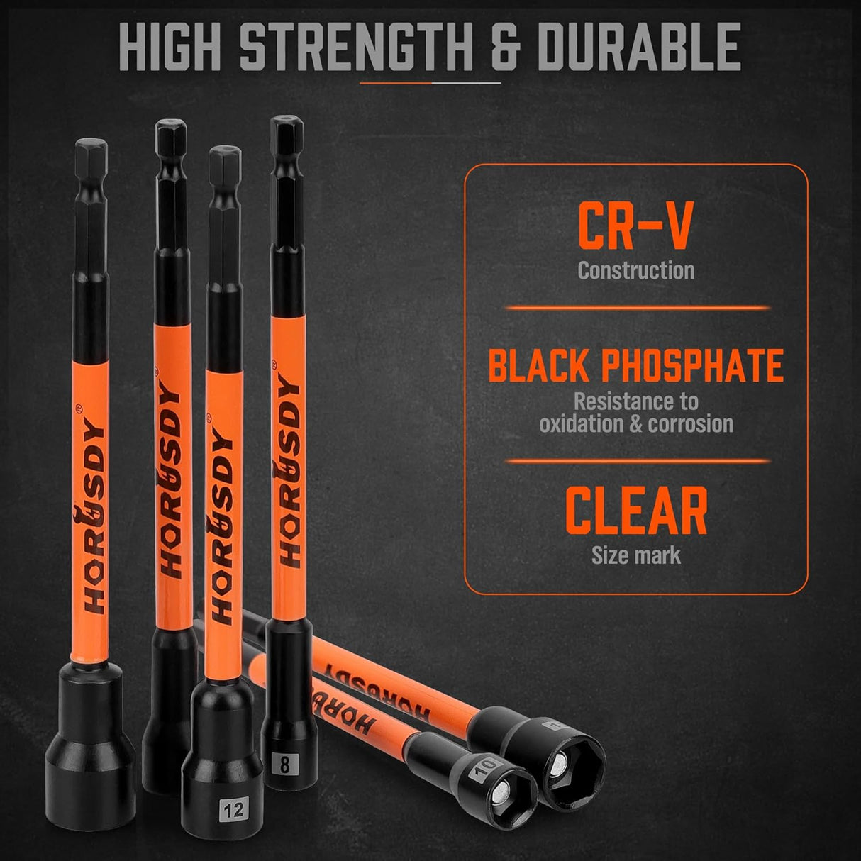 18-piece HORUSDY long magnetic nut driver set with SAE and metric sizes, 6-inch CR-V shafts, black and orange design, stored in durable case
