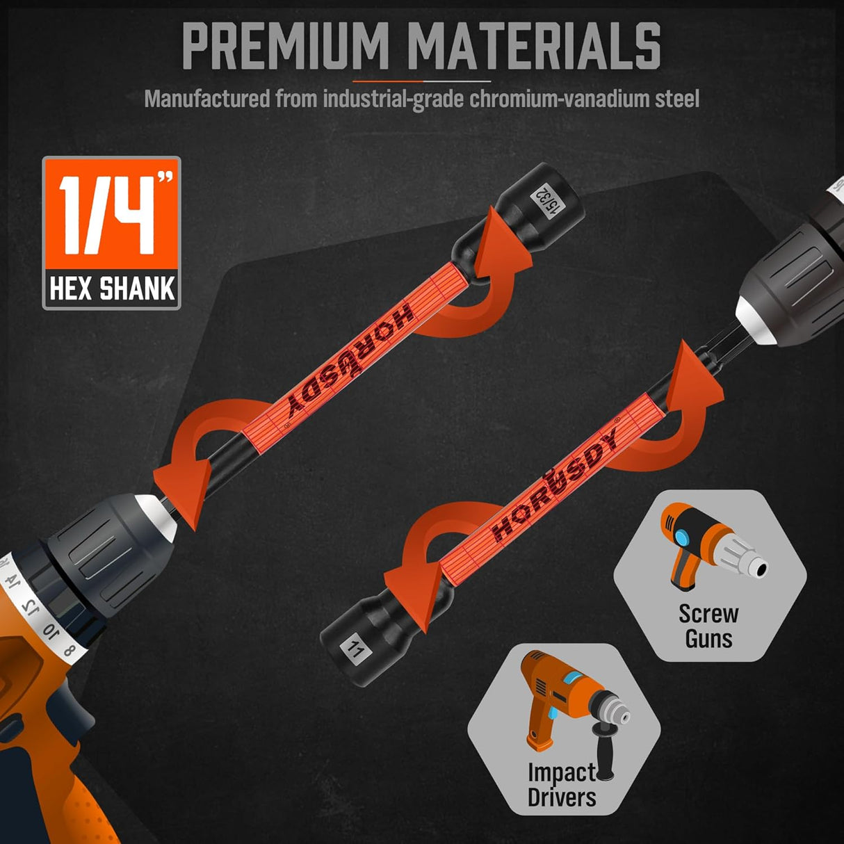 18-piece HORUSDY long magnetic nut driver set with SAE and metric sizes, 6-inch CR-V shafts, black and orange design, stored in durable case