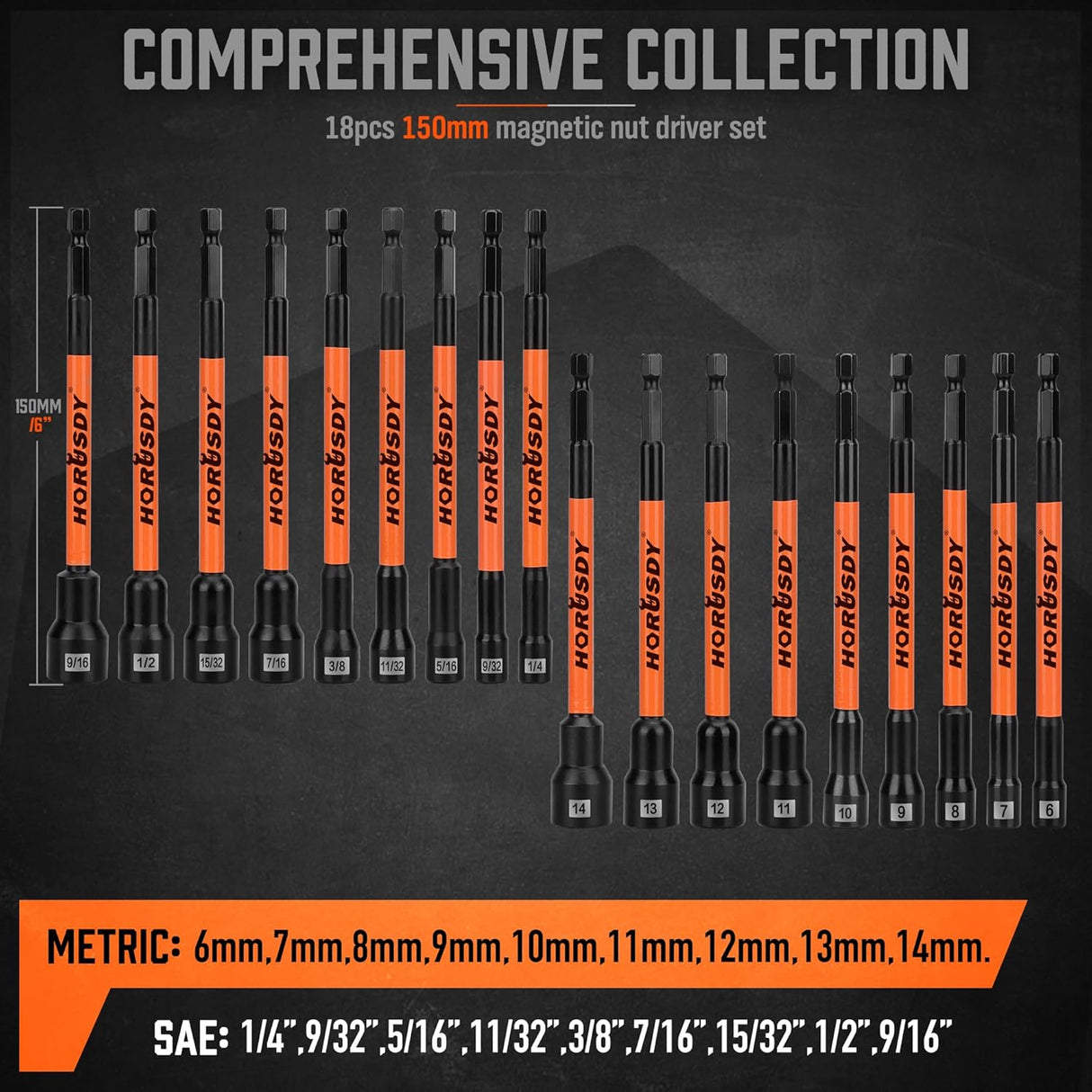 18-piece HORUSDY long magnetic nut driver set with SAE and metric sizes, 6-inch CR-V shafts, black and orange design, stored in durable case