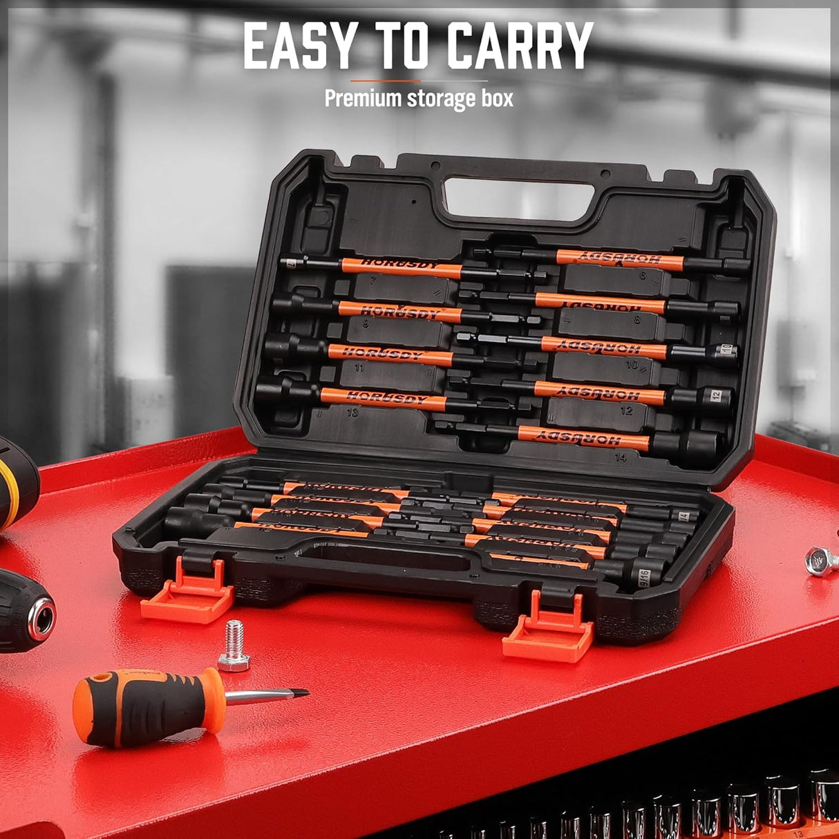 18-piece HORUSDY long magnetic nut driver set with SAE and metric sizes, 6-inch CR-V shafts, black and orange design, stored in durable case