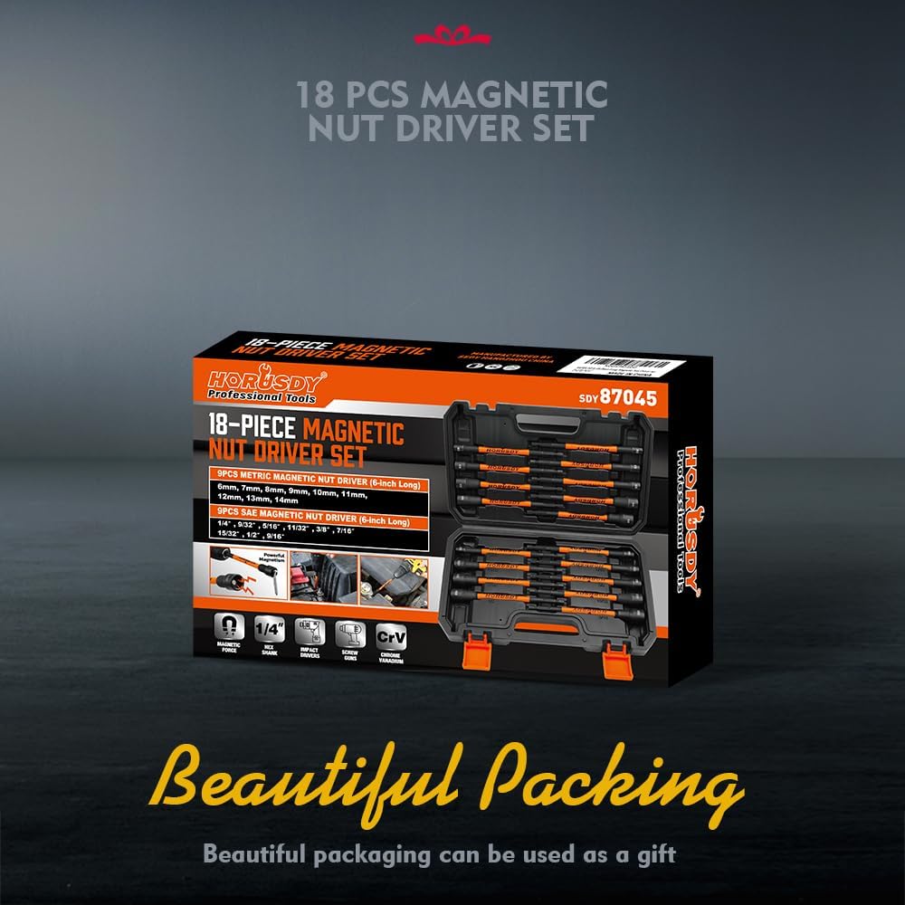 18-piece HORUSDY long magnetic nut driver set with SAE and metric sizes, 6-inch CR-V shafts, black and orange design, stored in durable case