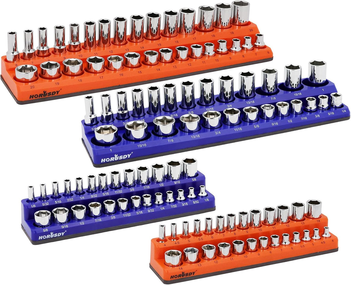 Magnetic socket tray set with 4 pieces in orange and blue, organizing SAE and metric sockets with labeled slots and magnetic base for toolboxes