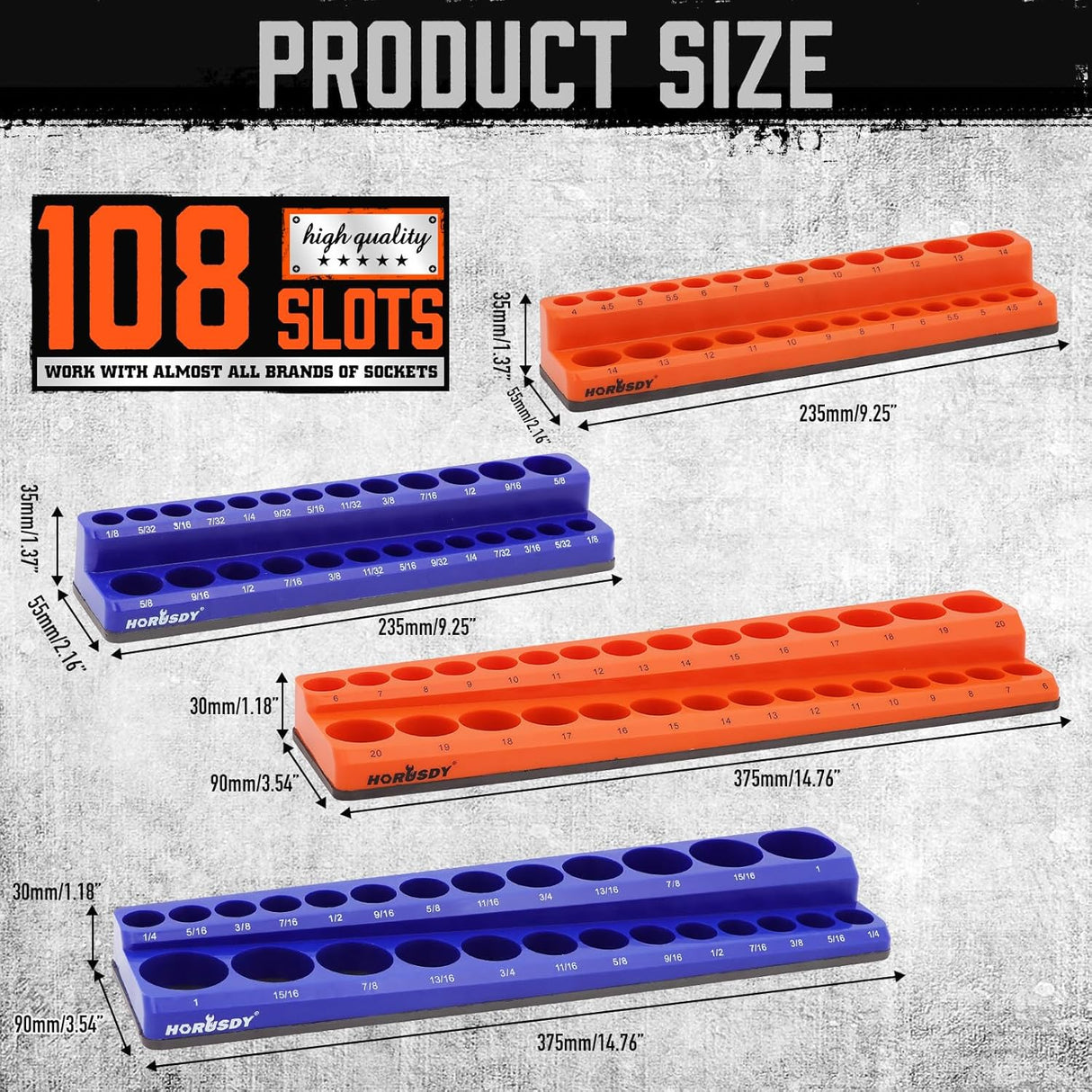 Magnetic socket tray set with 4 pieces in orange and blue, organizing SAE and metric sockets with labeled slots and magnetic base for toolboxes